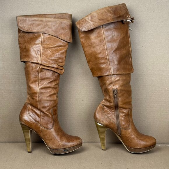 Shoes - Jessica Simpson Cognac Leather Platform Slouch Boots Size 6.5B AS-IS/REPAIR